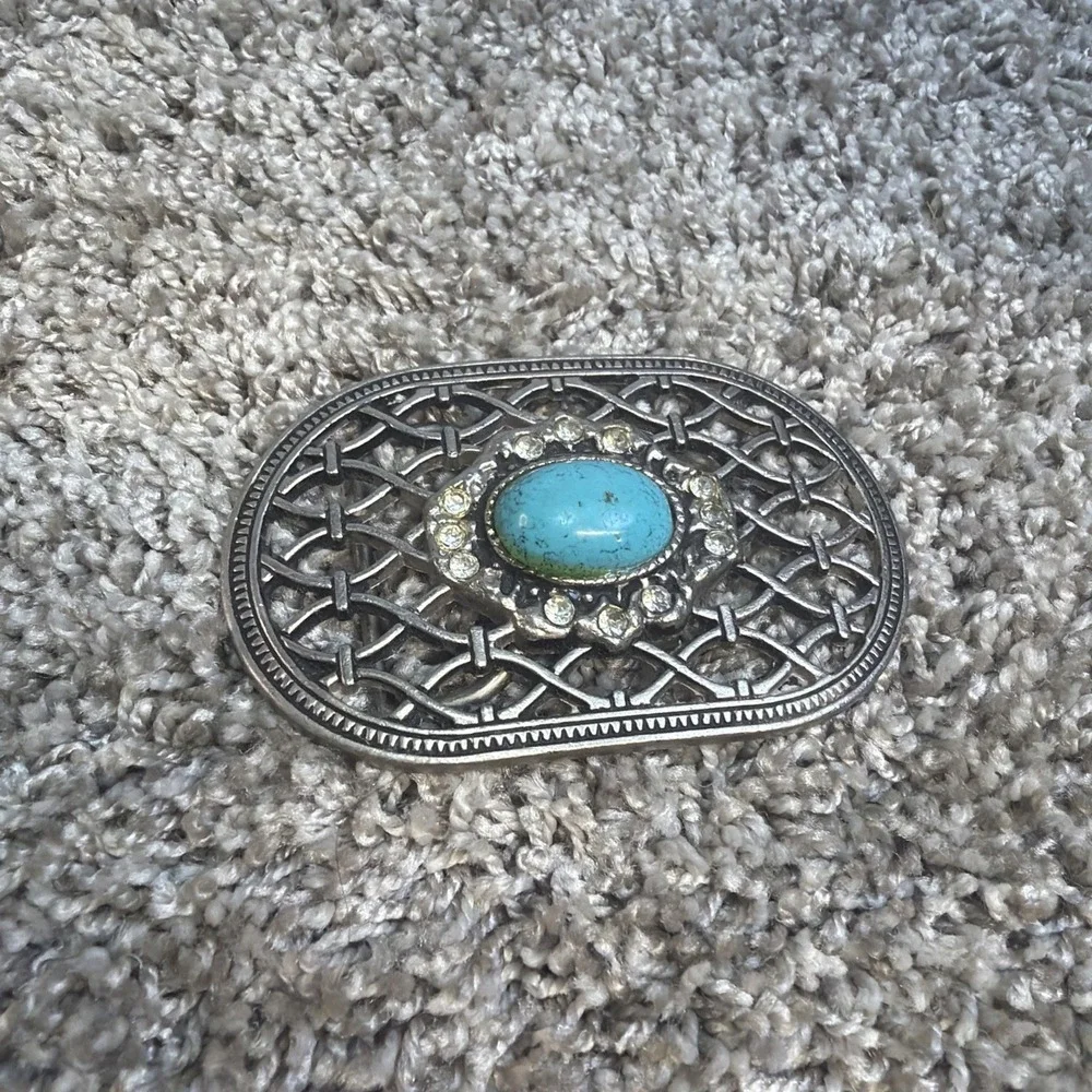 Vintage Belt Buckle With Turquoise Stone And Silver Tone